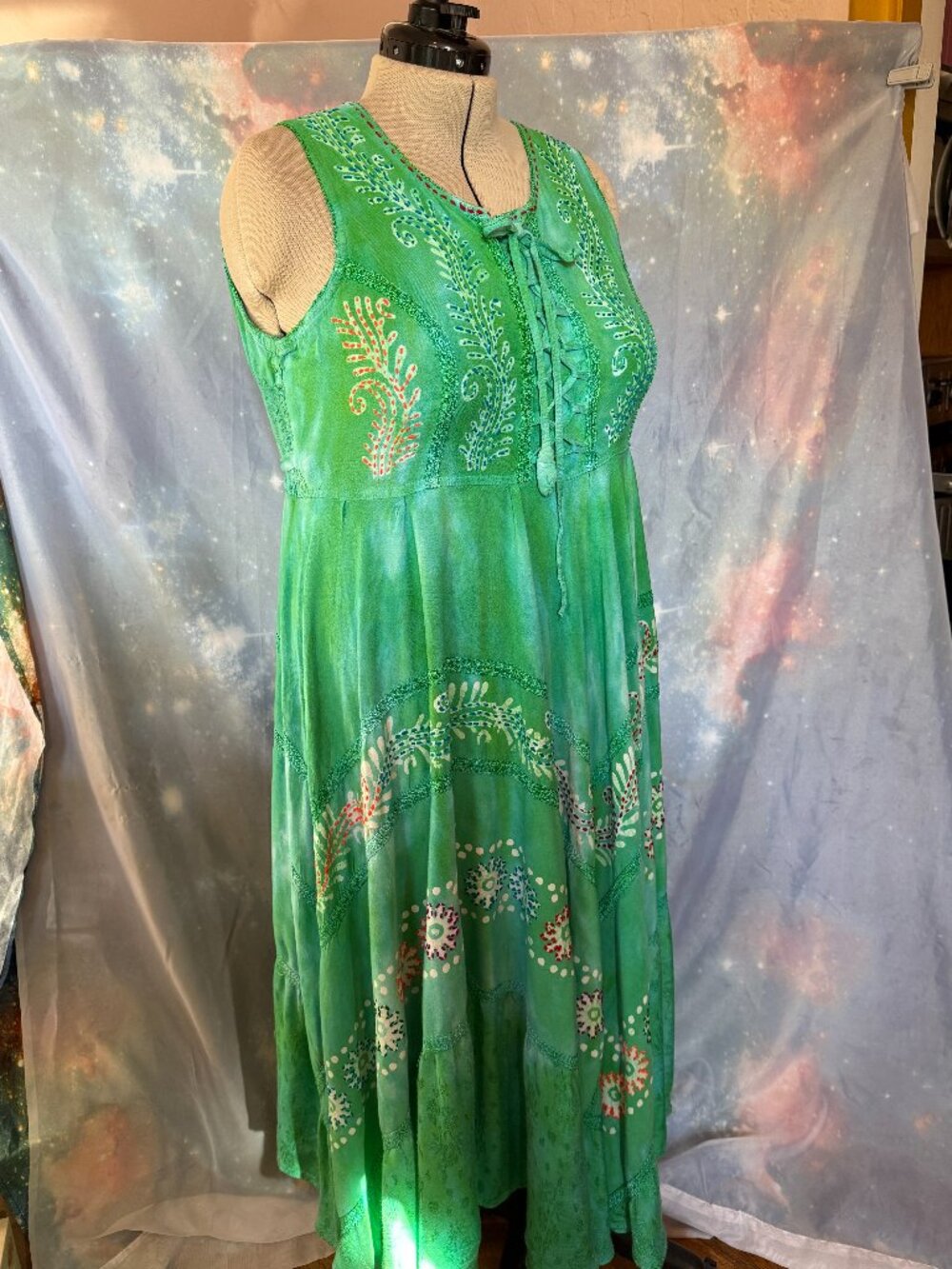 VTG 90s Shoreline Tie Dye Embroidered Maxi Dress Green Boho Tiered Plus Size 3XL
